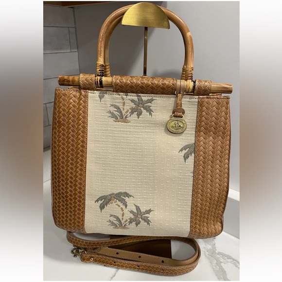 Vintage BRAHMIN PalmTree Bamboo Handles Woven Leather Handbag Crossbody Tropical - Picture 4 of 15